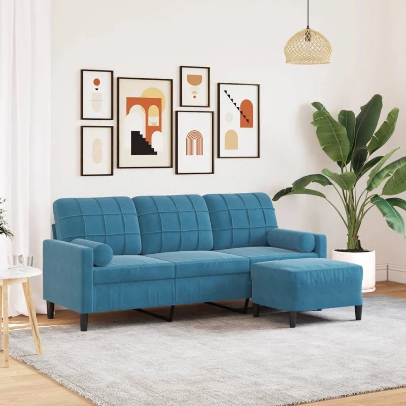 3-personers velour sofa med fodskammel 180 cm – blå