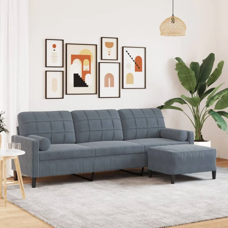 3-personers velour sofa med fodskammel 210 cm – mørkegrå