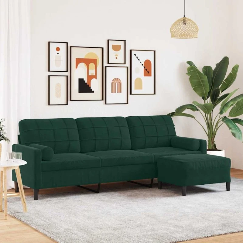 3-personers velour sofa med fodskammel 210 cm – Mørkegrøn