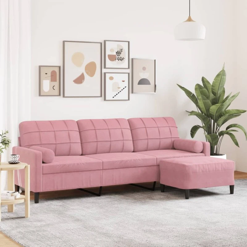3-personers velour sofa med fodskammel 210 cm – lyserød
