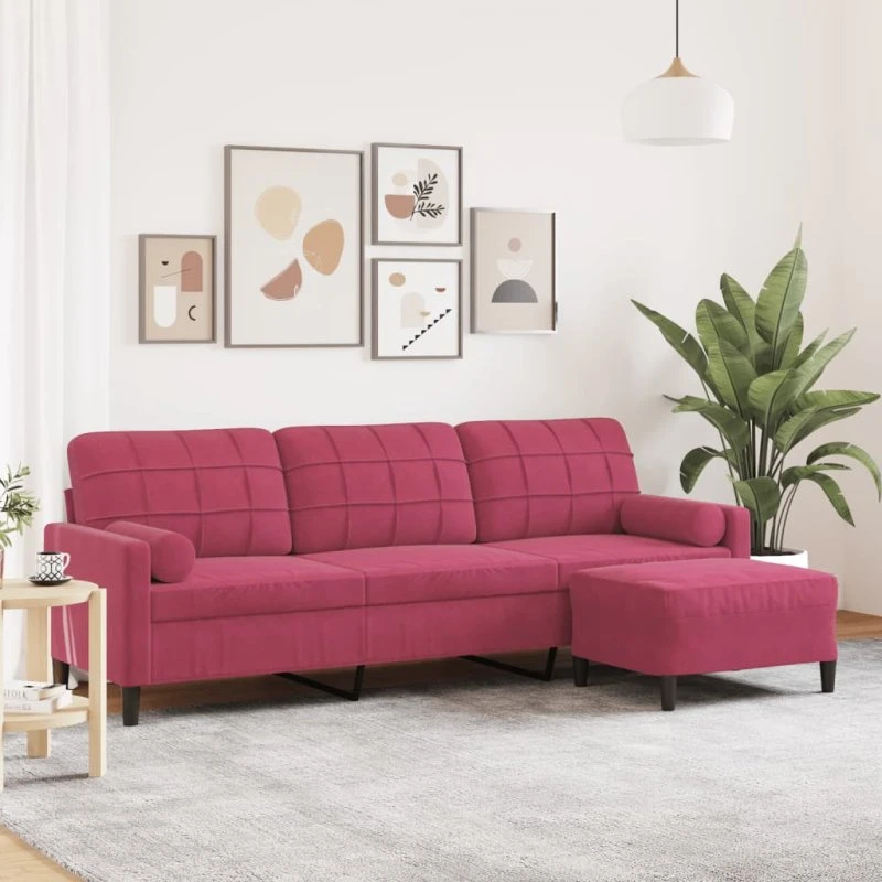 3-personers velour sofa m. fodskammel 210 cm – vinrød