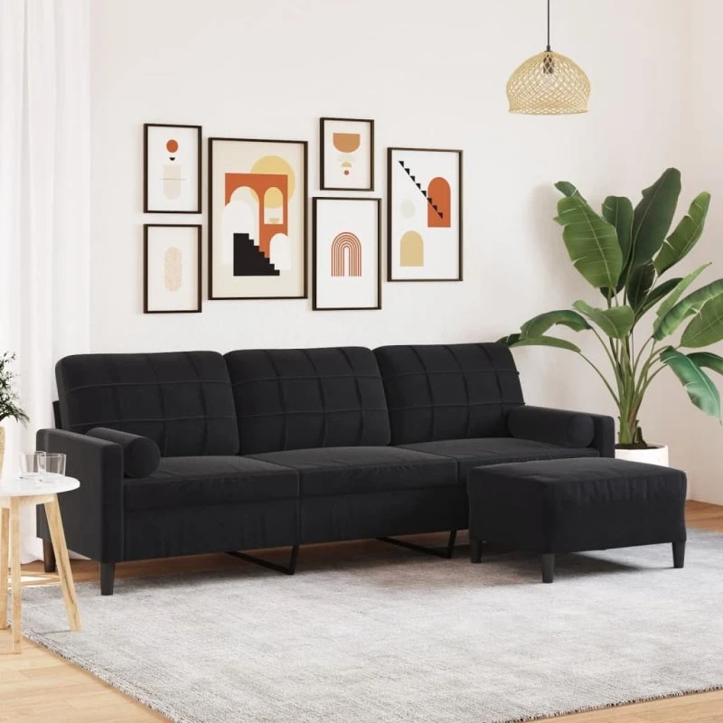 3-personers velour sofa med fodskammel 210 cm – sort