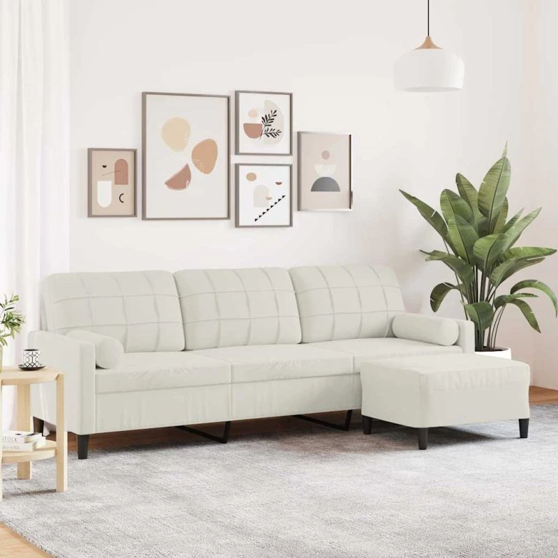 3-personers veloursofa med fodskammel 210 cm – creme