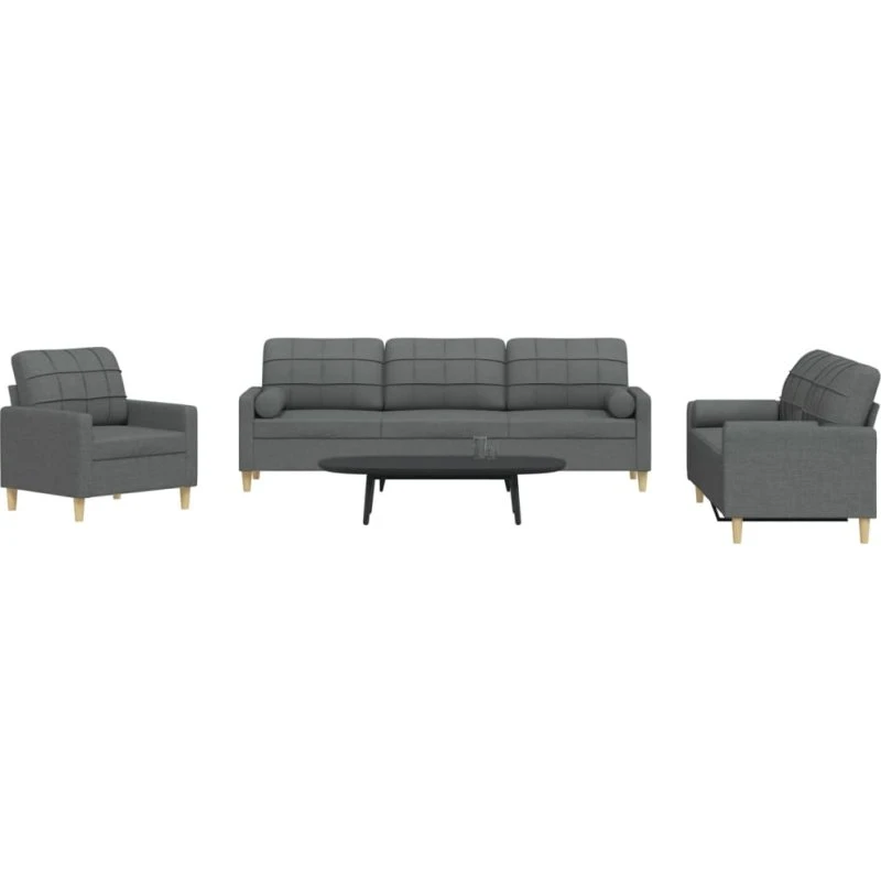 Sofasæt 3 dele i mørkegrå polyester med pyntepuder