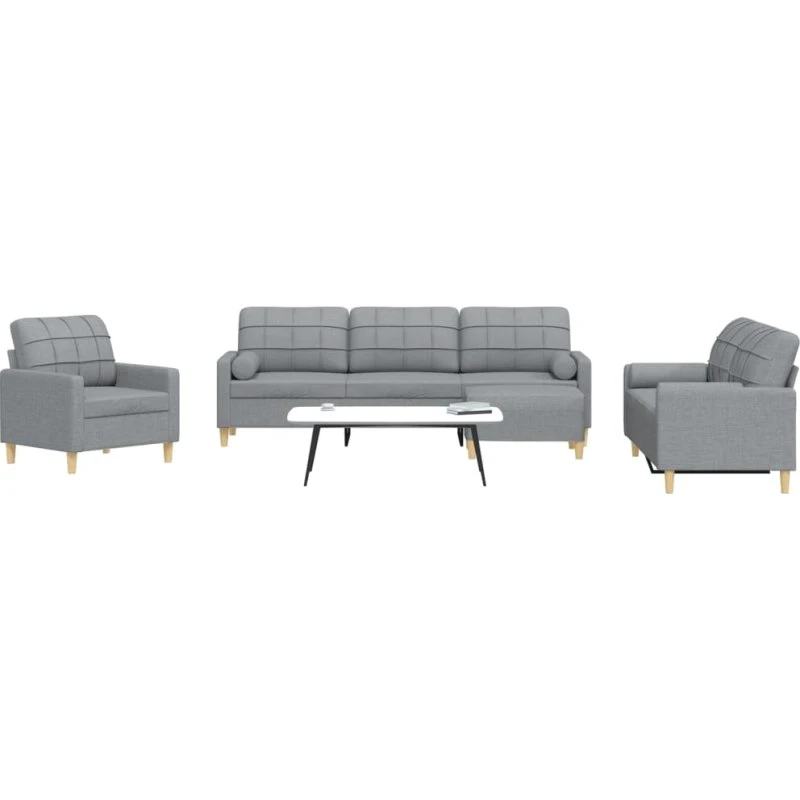 Sofasæt 4 dele med fodskammel og pyntepuder, lysegrå stof