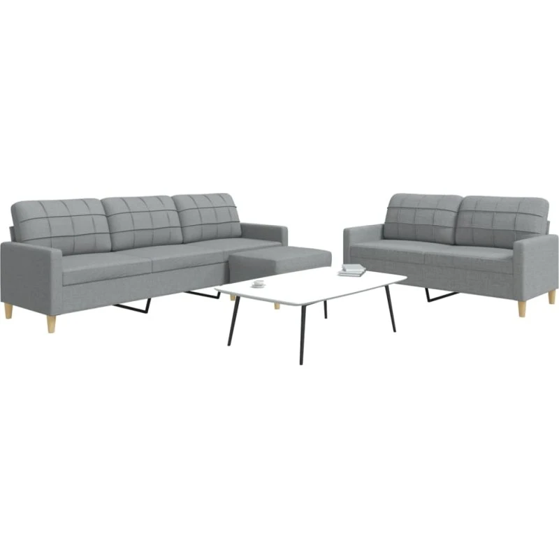 Sofasæt 3 dele med fodskammel, lysegråt stof