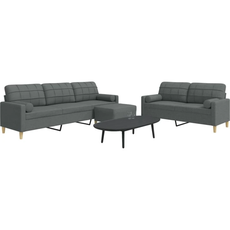 Sofasæt 3 dele med fodskammel og pyntepuder - lysegrå stof