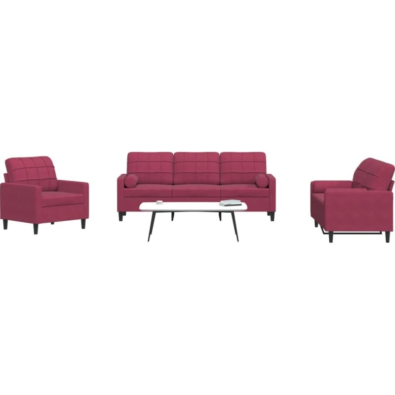 Sofasæt 2 dele i velour vinrød med hynder