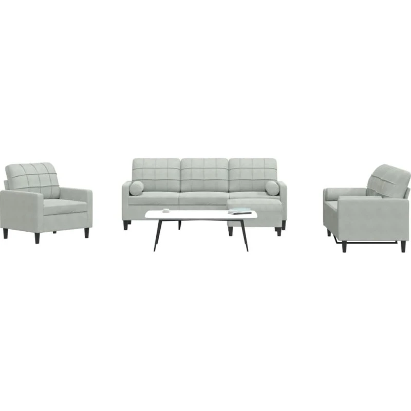 Sofasæt 4 dele i lysegrå velour med hynder & bolsterpuder