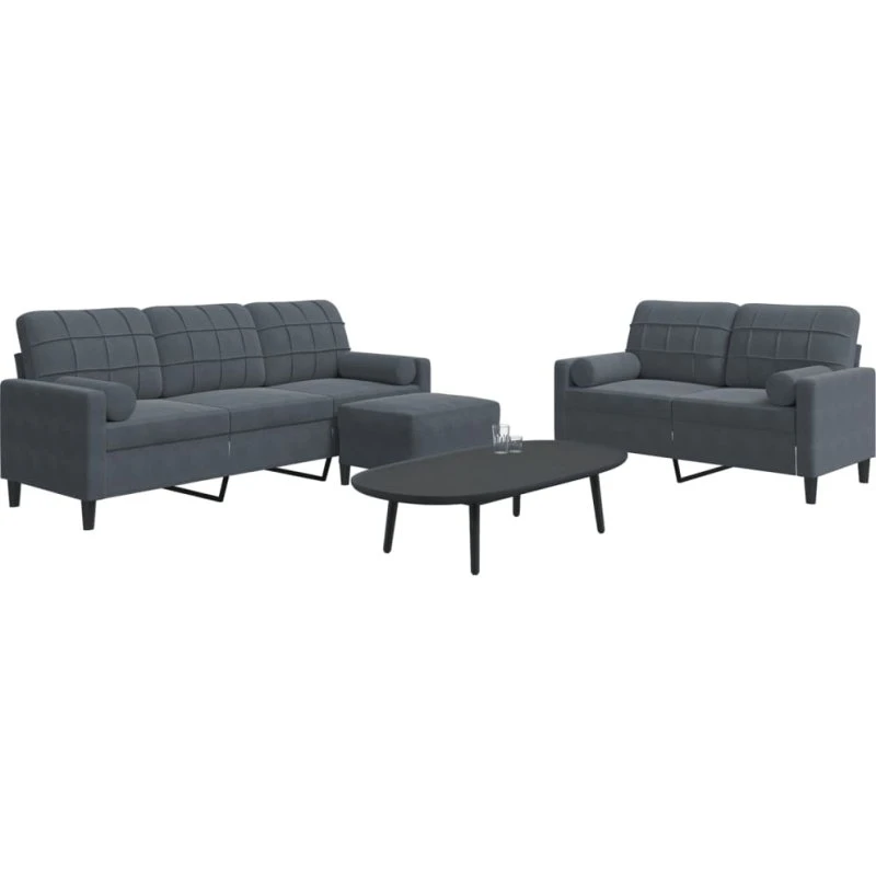 Sofasæt 3 dele i velour mørkegrå med hynder