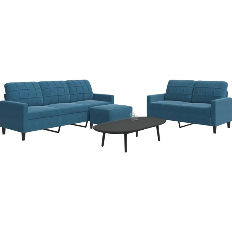 Sofasæt 3 dele i blå velour med hynder