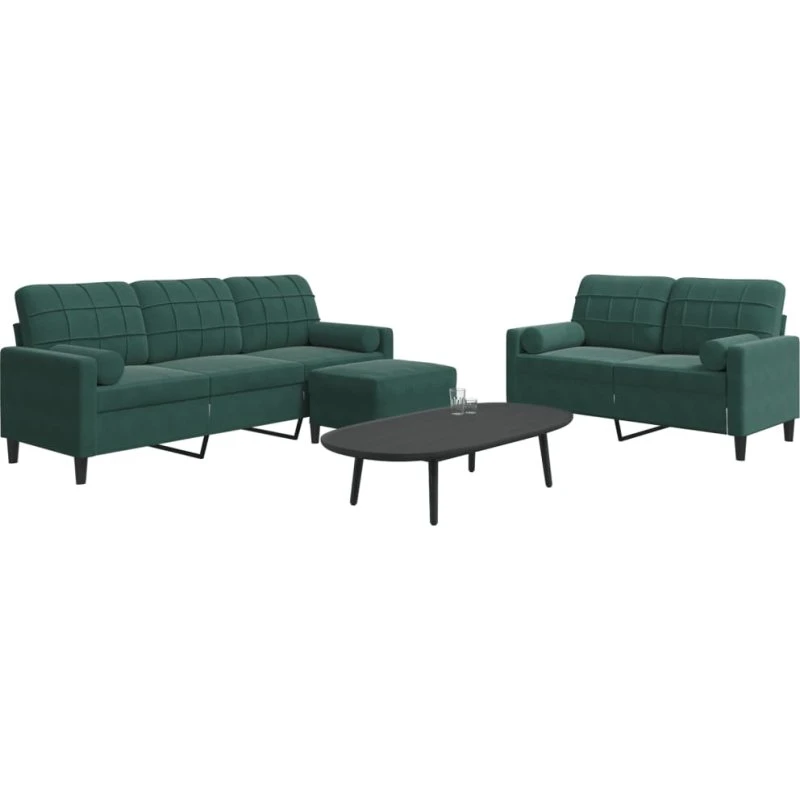 Sofasæt 3 dele i mørkegrøn velour m. bolsterpuder