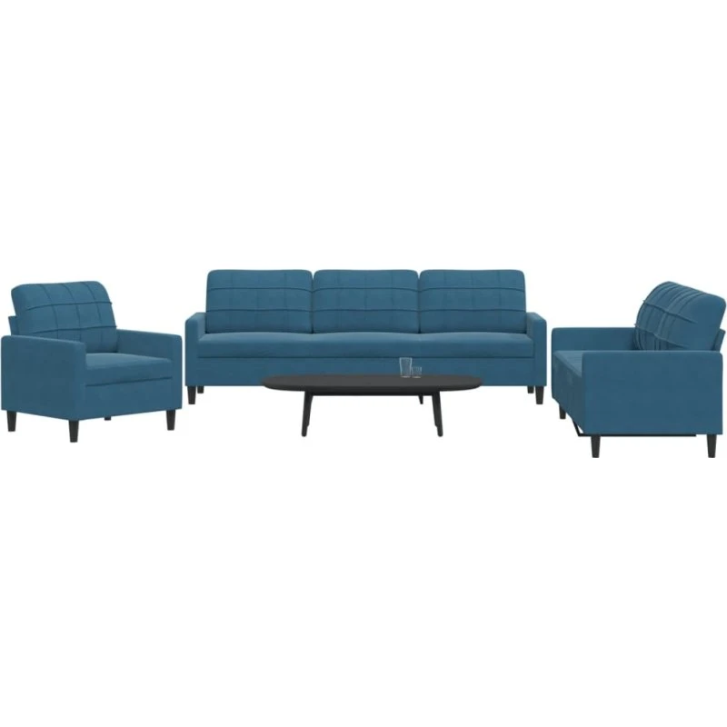 Sofasæt 3-dele i blå velour med hynder