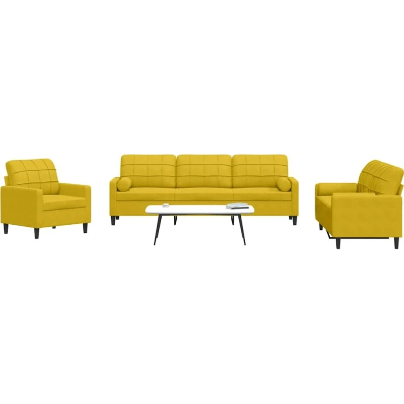 Sofasæt 3 dele i gul velour med hynder og bolsterpuder