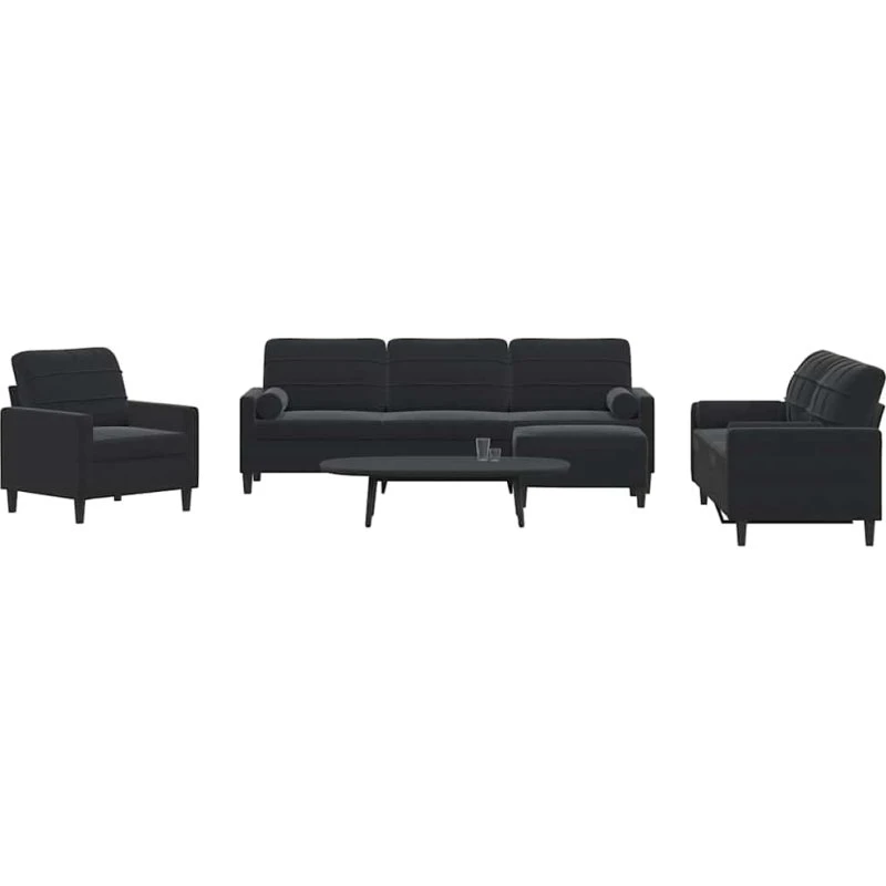 Sofasæt 4-dele i sort velour med hynder og bolsterpuder