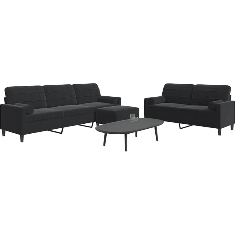 Sofasæt 3 dele i sort velour med hynder og bolsterpuder
