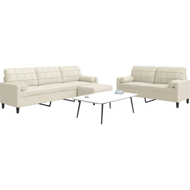 3-dele sofasæt i creme velour med hynder og bolsterpuder