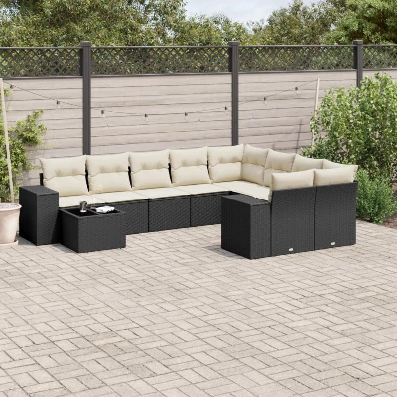 Havesofasæt 10 dele i polyrattan med hynder – sort