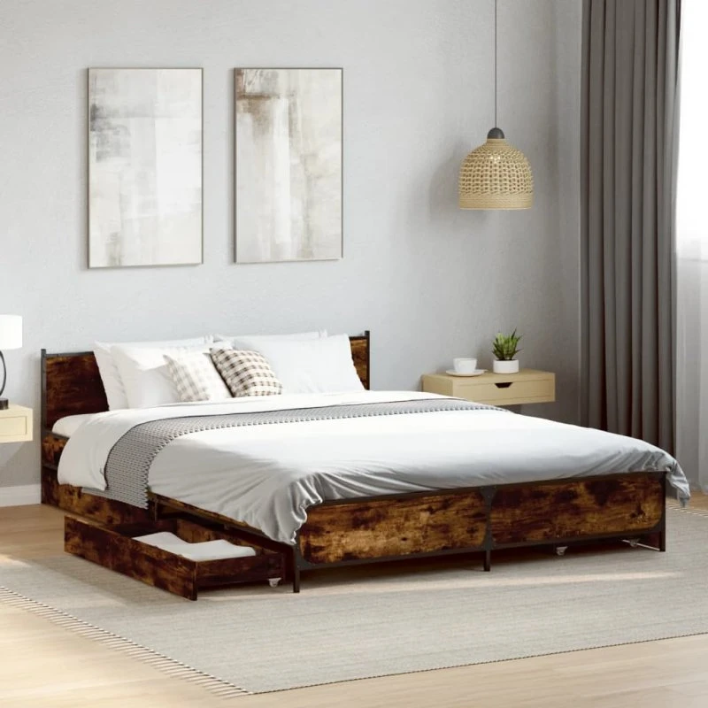 Sengeramme 135x190 cm med skuffer - Røget eg