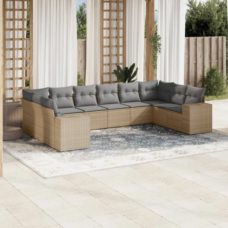 10-dele havemøbelssæt i polyrattan med hynder, beige