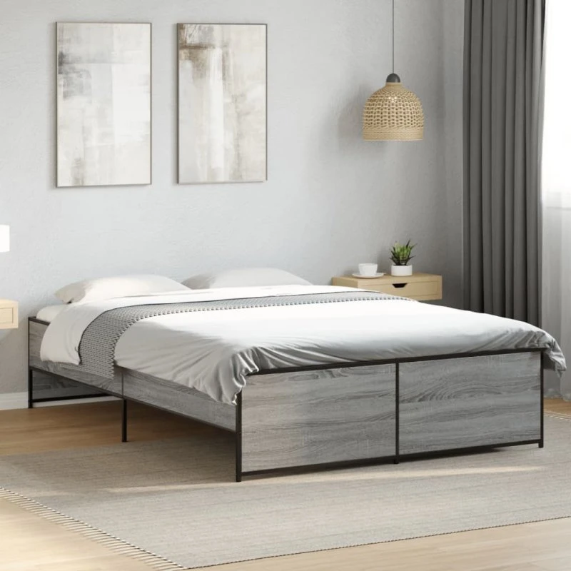 Sengestel 135x190 cm i grå Sonoma-eg med metalben
