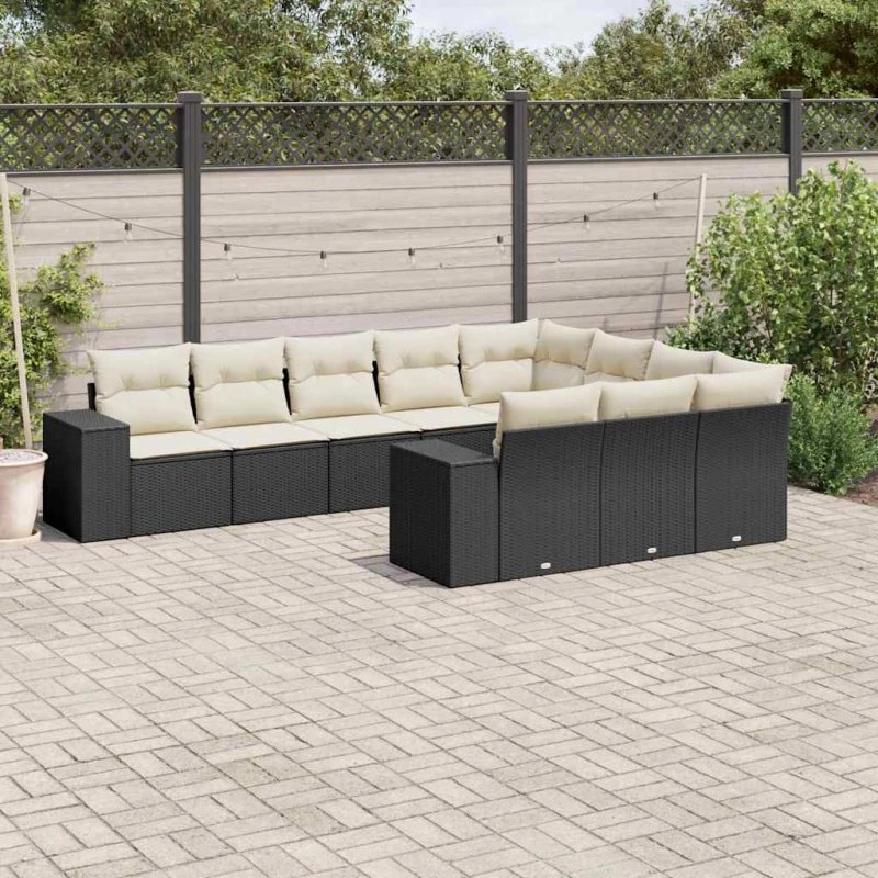Havesofa sæt 10 dele i sort polyrattan med hynder