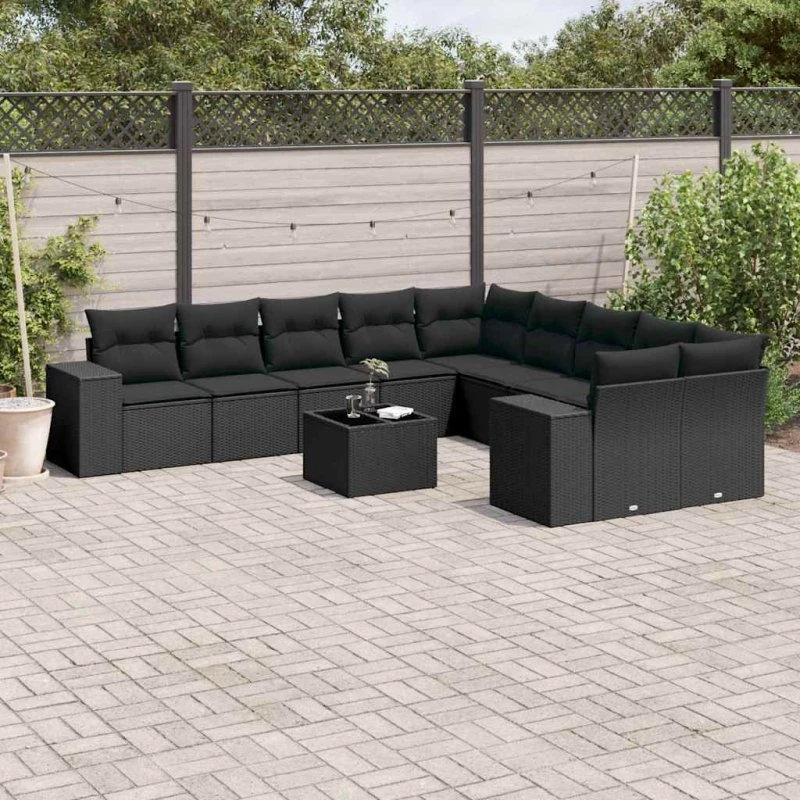 Havesofasæt 11 dele i polyrattan med hynder - sort