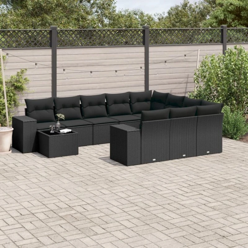 Havesofasæt 11 dele i polyrattan – sort med hynder