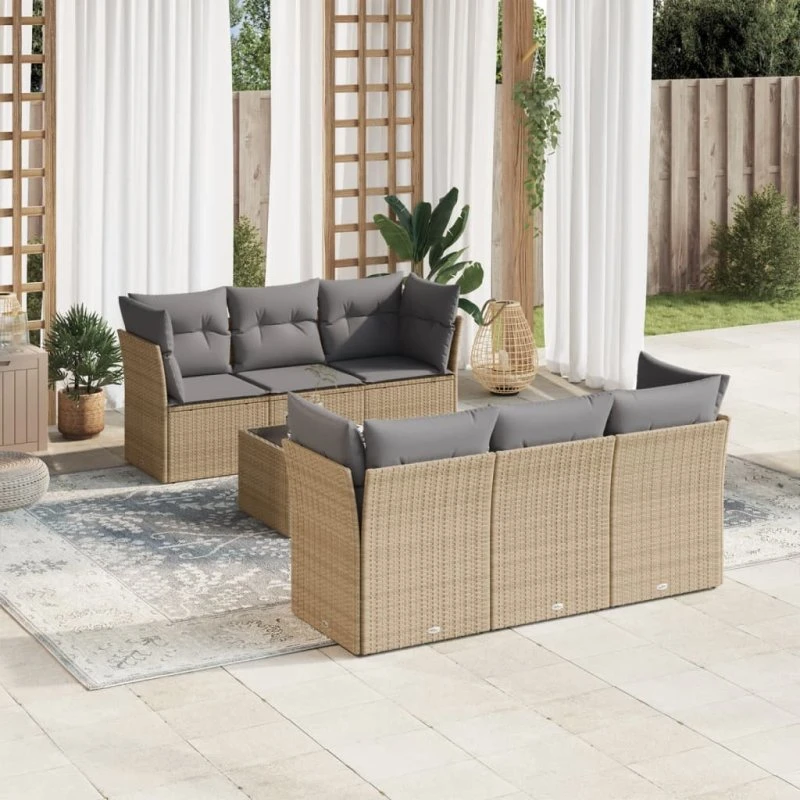 Havesofasæt 7 dele polyrattan med hynder - beige