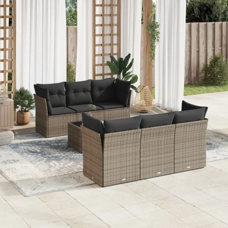 Havesofa 7 dele i grå polyrattan med hynder
