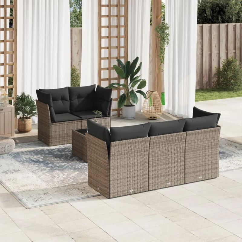 Havesofasæt 6 dele i grå polyrattan med hynder