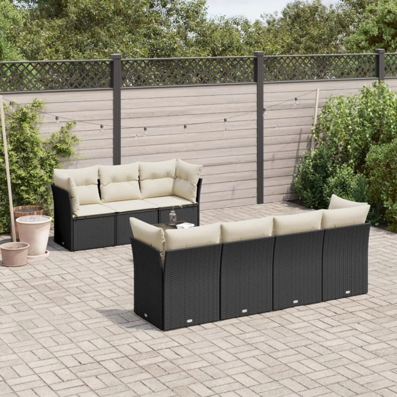 Havesofasæt i polyrattan 8 dele med hynder - sort