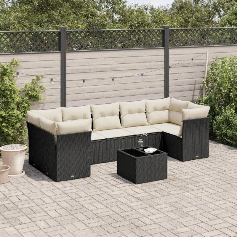 Havesofasæt 8 dele i sort polyrattan inkl. hynder