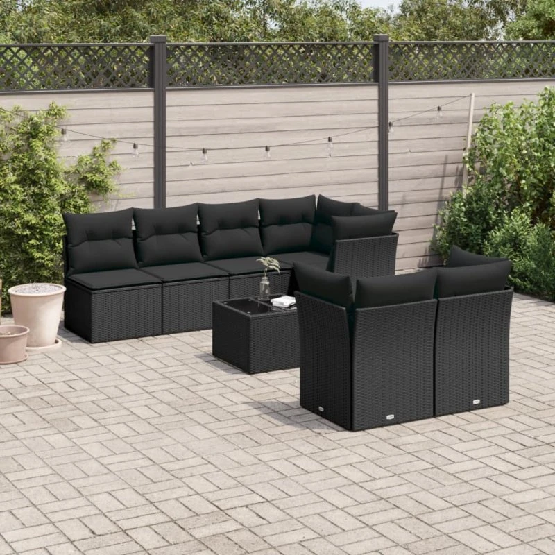 8-del havesofasæt i sort polyrattan med hynder