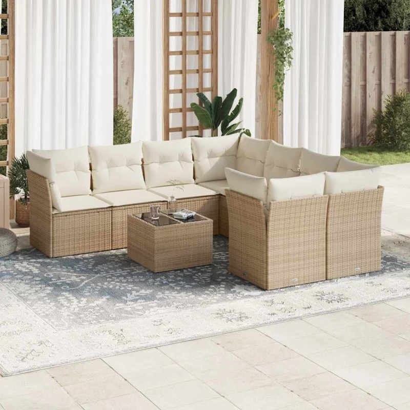 Havesofasæt 9 dele i polyrattan med hynder - beige
