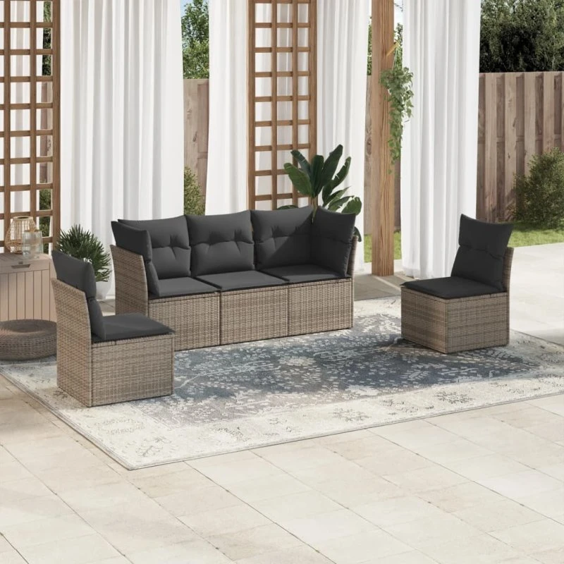 Havesofasæt 5 dele i polyrattan med hynder, grå