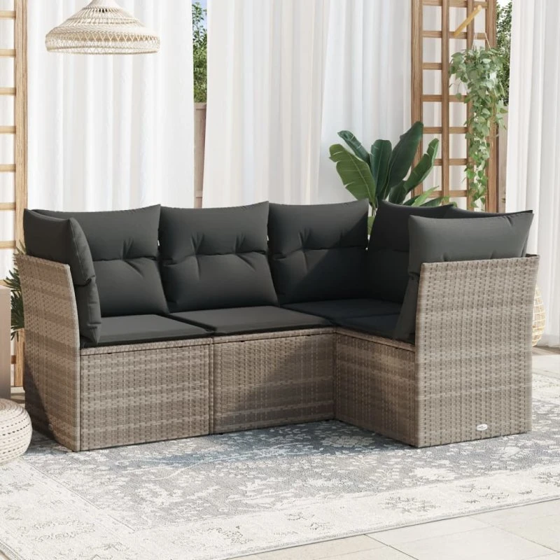 Havesofasæt 4 dele i lysegrå polyrattan med hynder