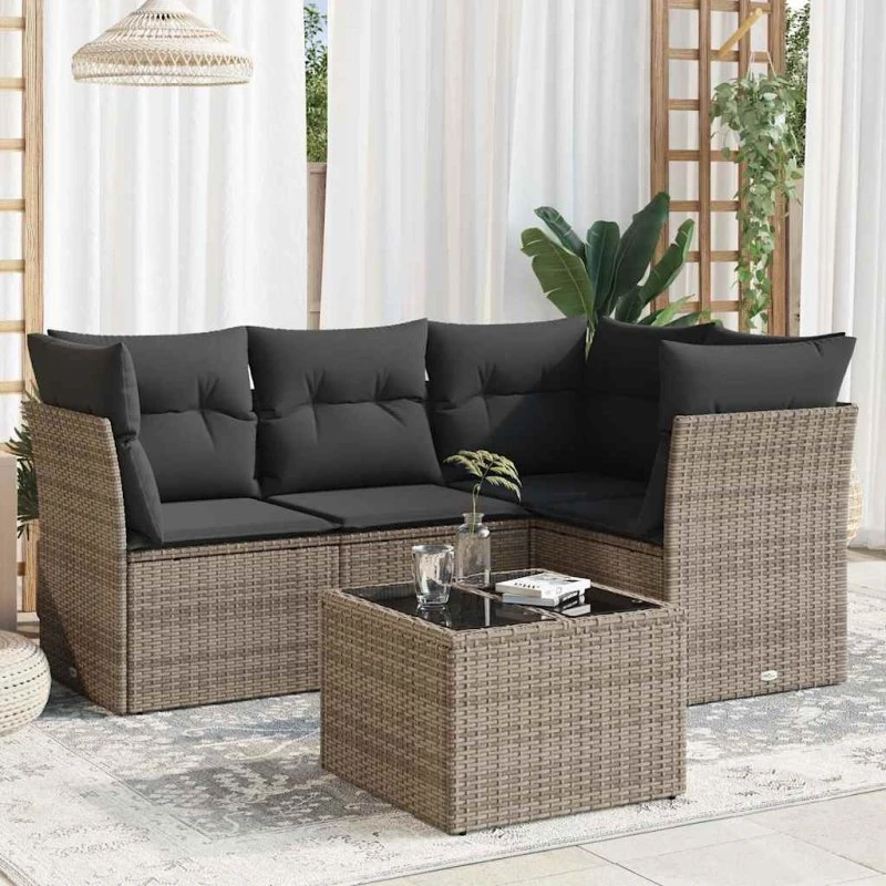 Havesofasæt 5 dele i polyrattan med hynder, grå