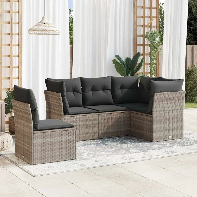 Sofasæt 5 dele i lysegrå polyrattan med hynder