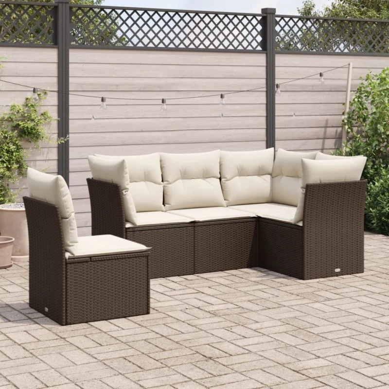 Havesofasæt 5 dele i brun polyrattan med hynder