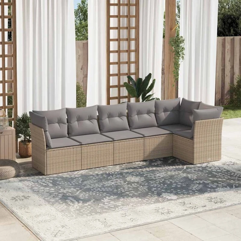 6-pers. havesofasæt i polyrattan med hynder - beige