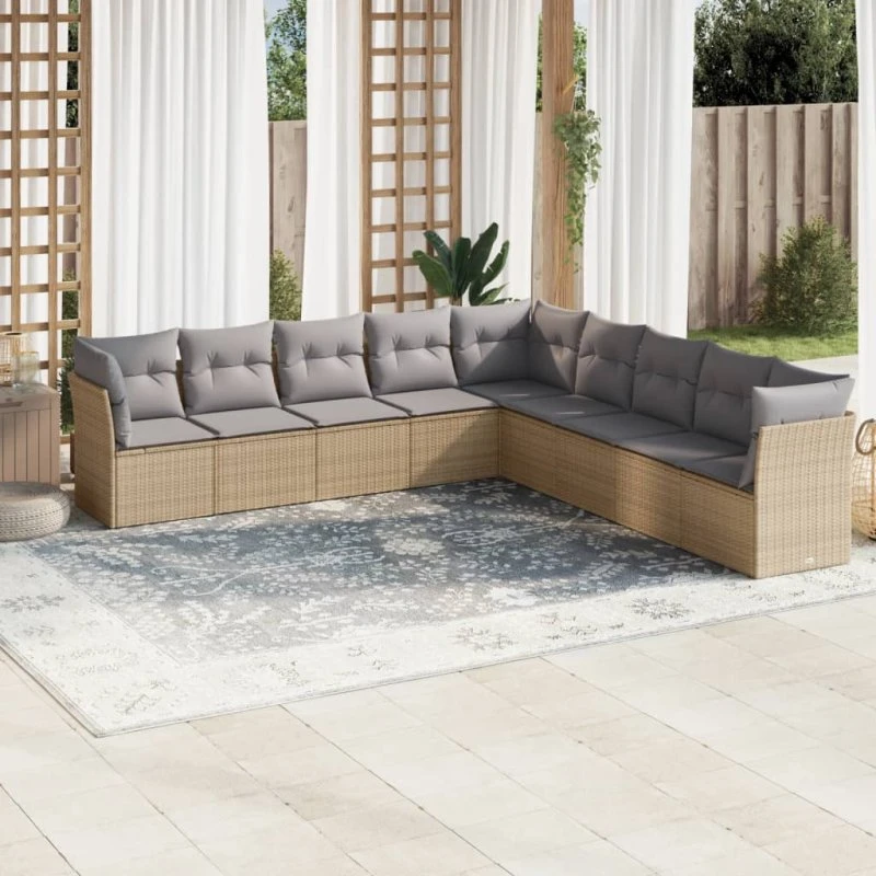 Havesofasæt 9 dele i polyrattan med hynder - beige