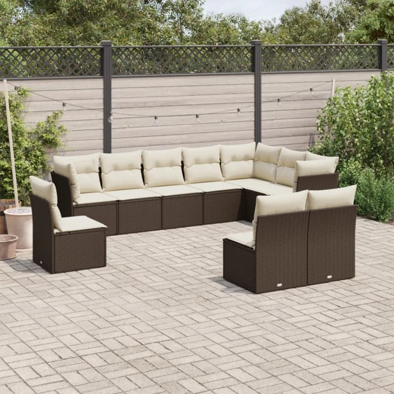 Havesofasæt 10 dele i polyrattan med hynder, brun