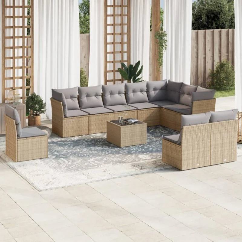 Havesofasæt i polyrattan 11 dele med hynder - beige