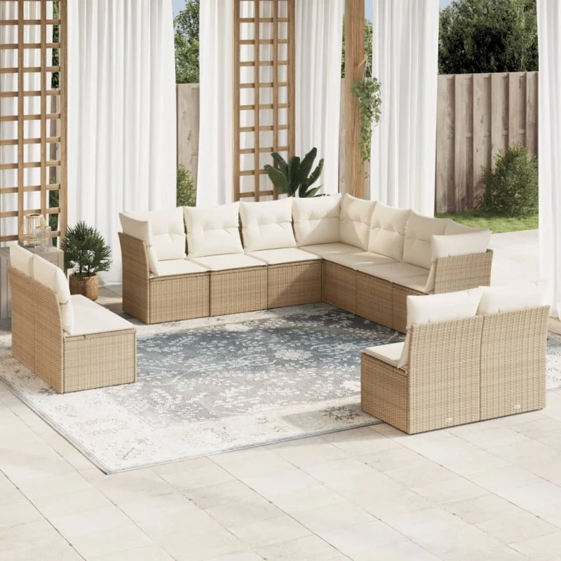 Havesofasæt 11 dele polyrattan med hynder - beige