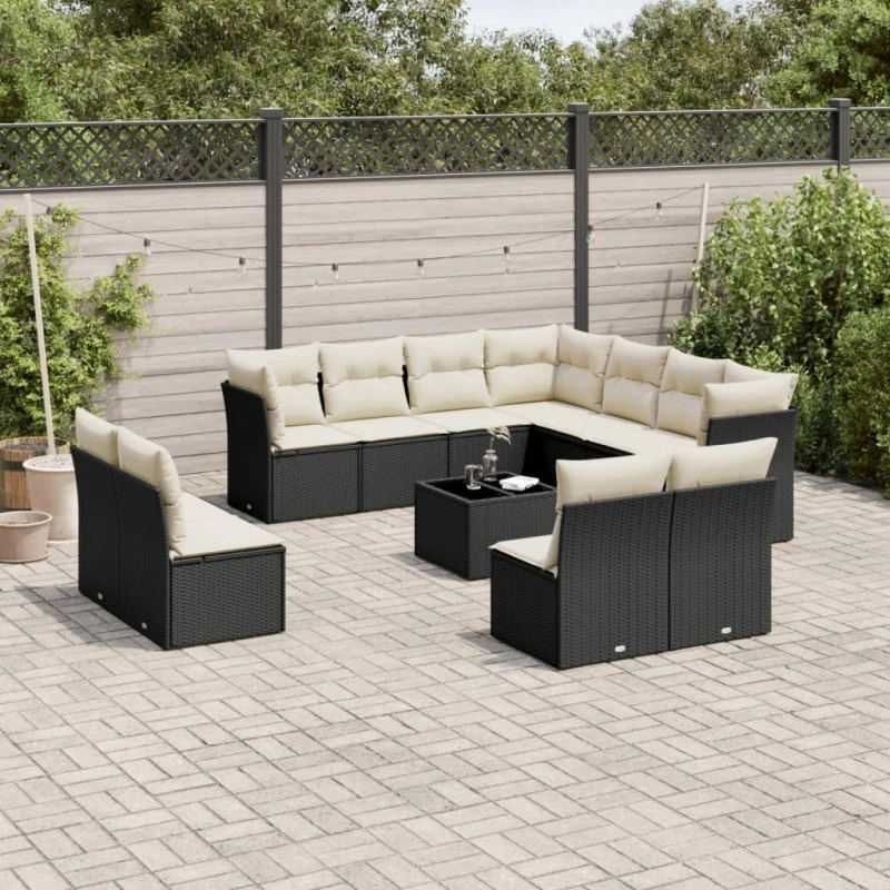 Havesofasæt 12 dele i polyrattan - sort med hynder