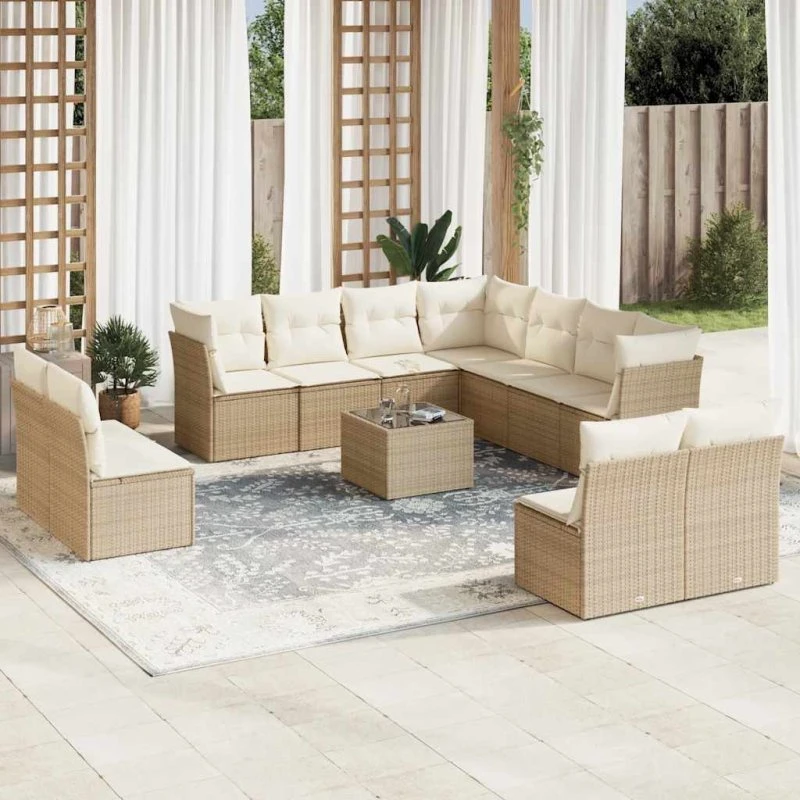 12-dele polyrattan sofasæt til haven med hynder - beige