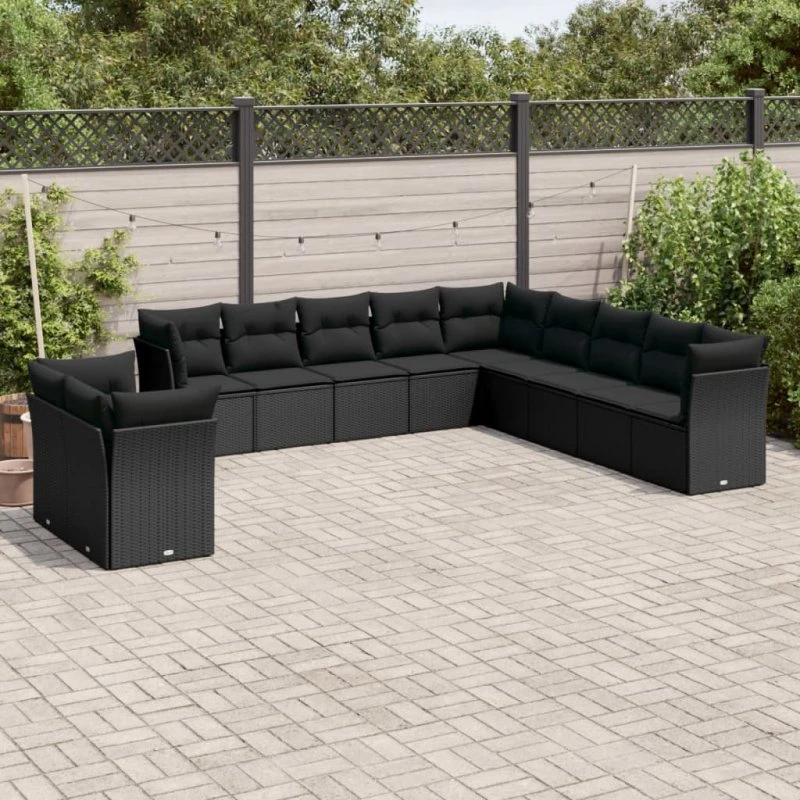 Havesofasæt 11 dele i sort polyrattan med hynder