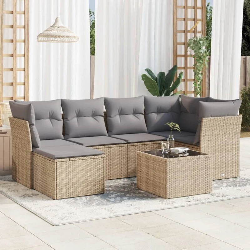Havesofasæt 7 dele i polyrattan med hynder – beige