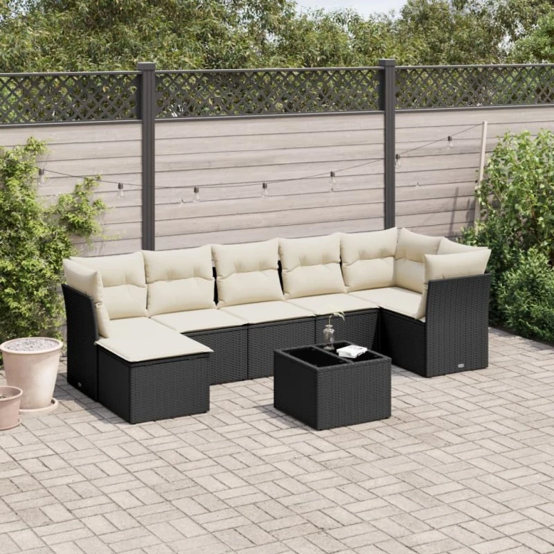 Havesofasæt 8 dele i sort polyrattan med hynder